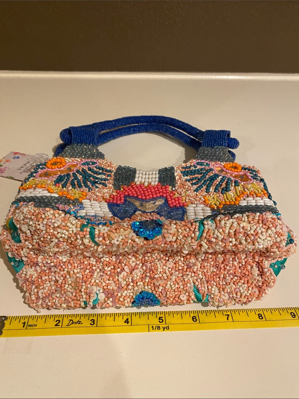 New Colorful Beaded Bag with Blue Handles - Picture 8 of 9